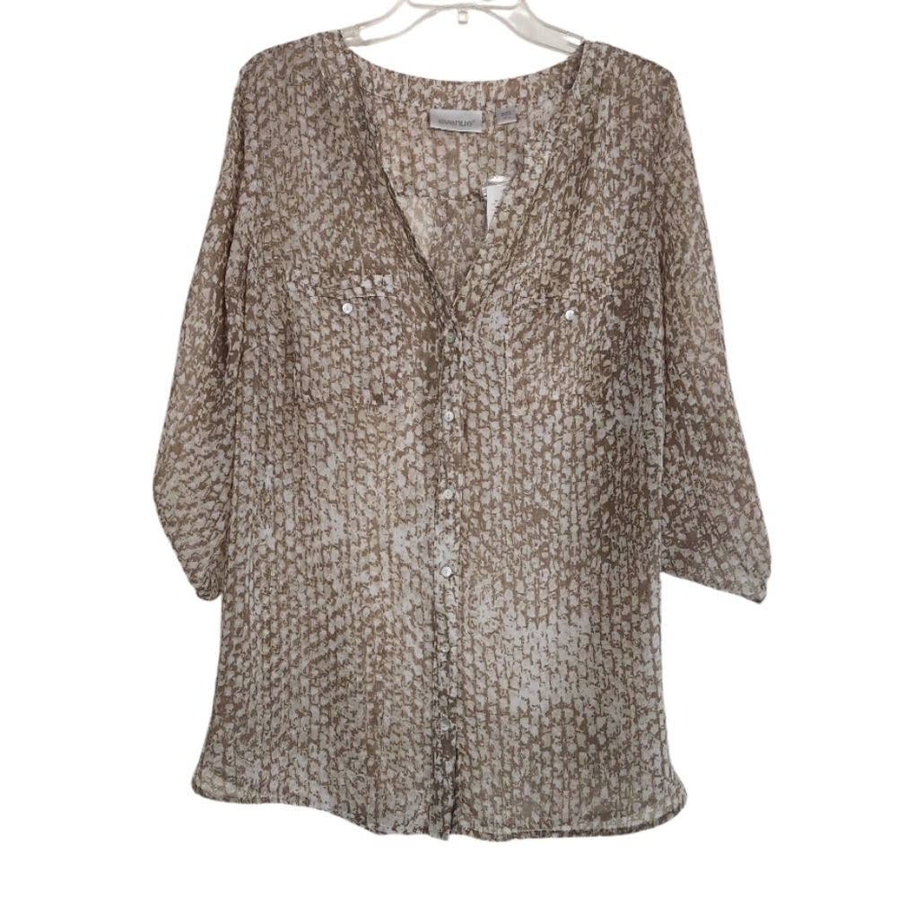 Avenue Sheer Brown and Cream Printed Button-Front Blouse